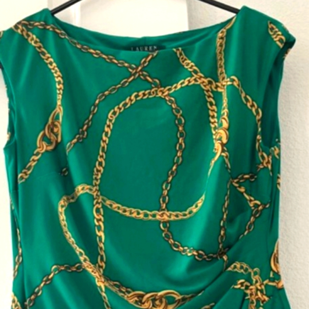 Beautiful Dress By Lauren Ralph  Size 12 Green Chain Print Women's In Exelent Co